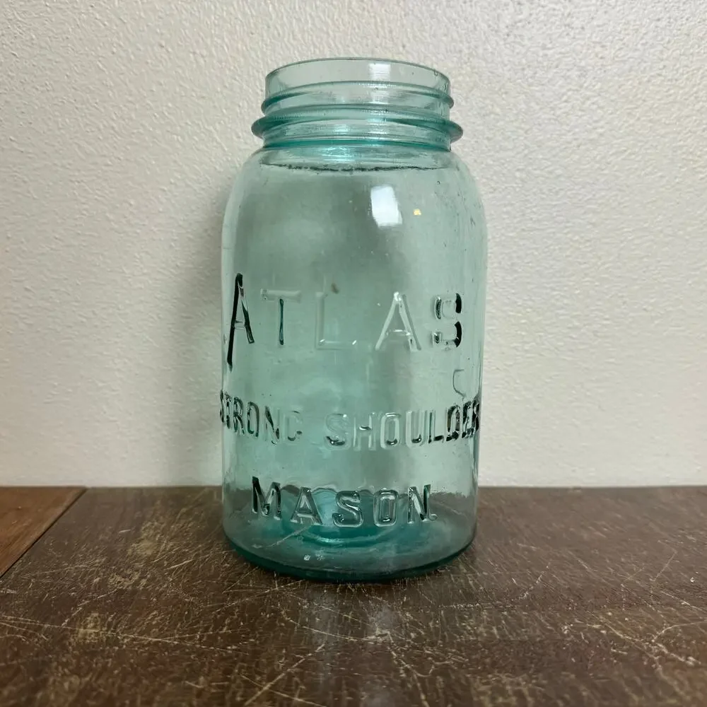 Vintage Atlas Strong Shoulder Mason Jar Aqua Blue Glass‎ 1 Quart Hazel-Atlas